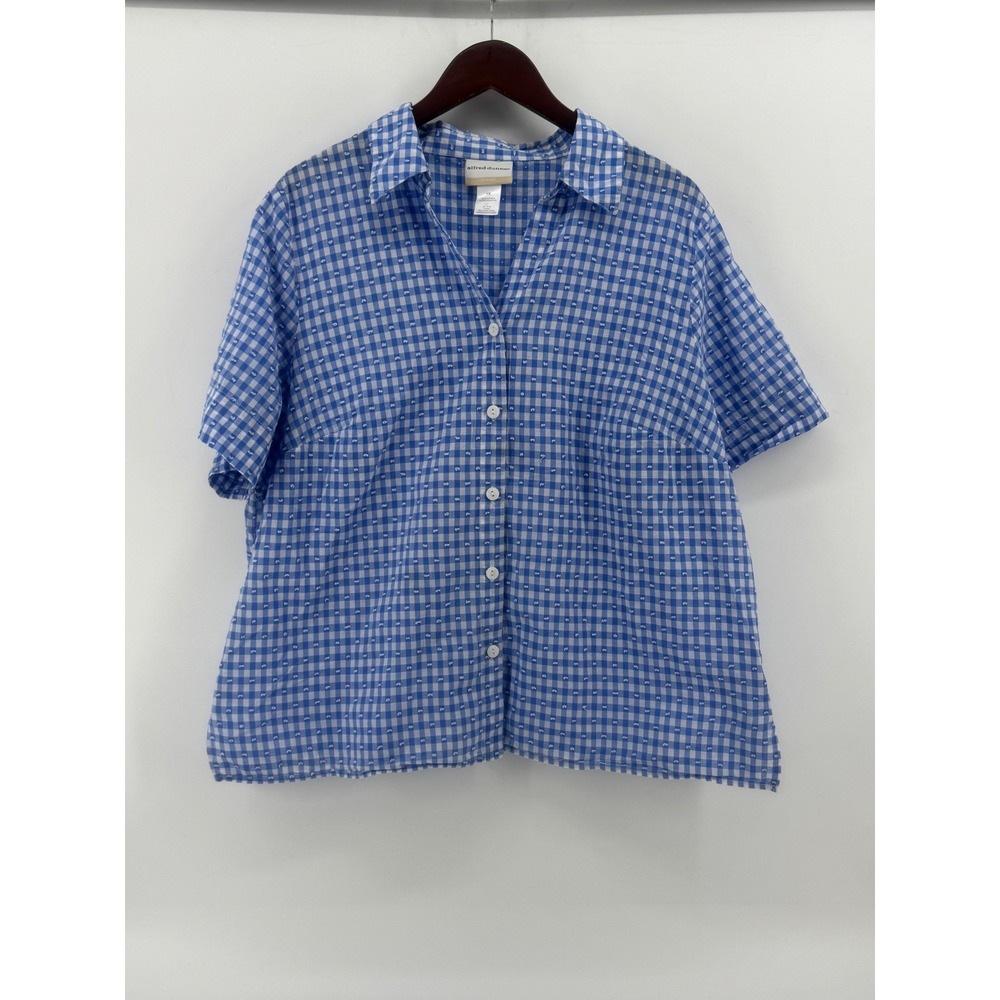 Alfred Dunner Womens 1X Blue Gingham‎ Dot Short Sleeve Button Up Shirt Top
